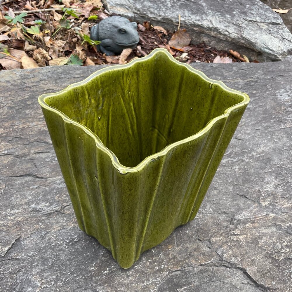 Rare Vintage Tall Rectangular Olive Green Ceramic Vase/Planter